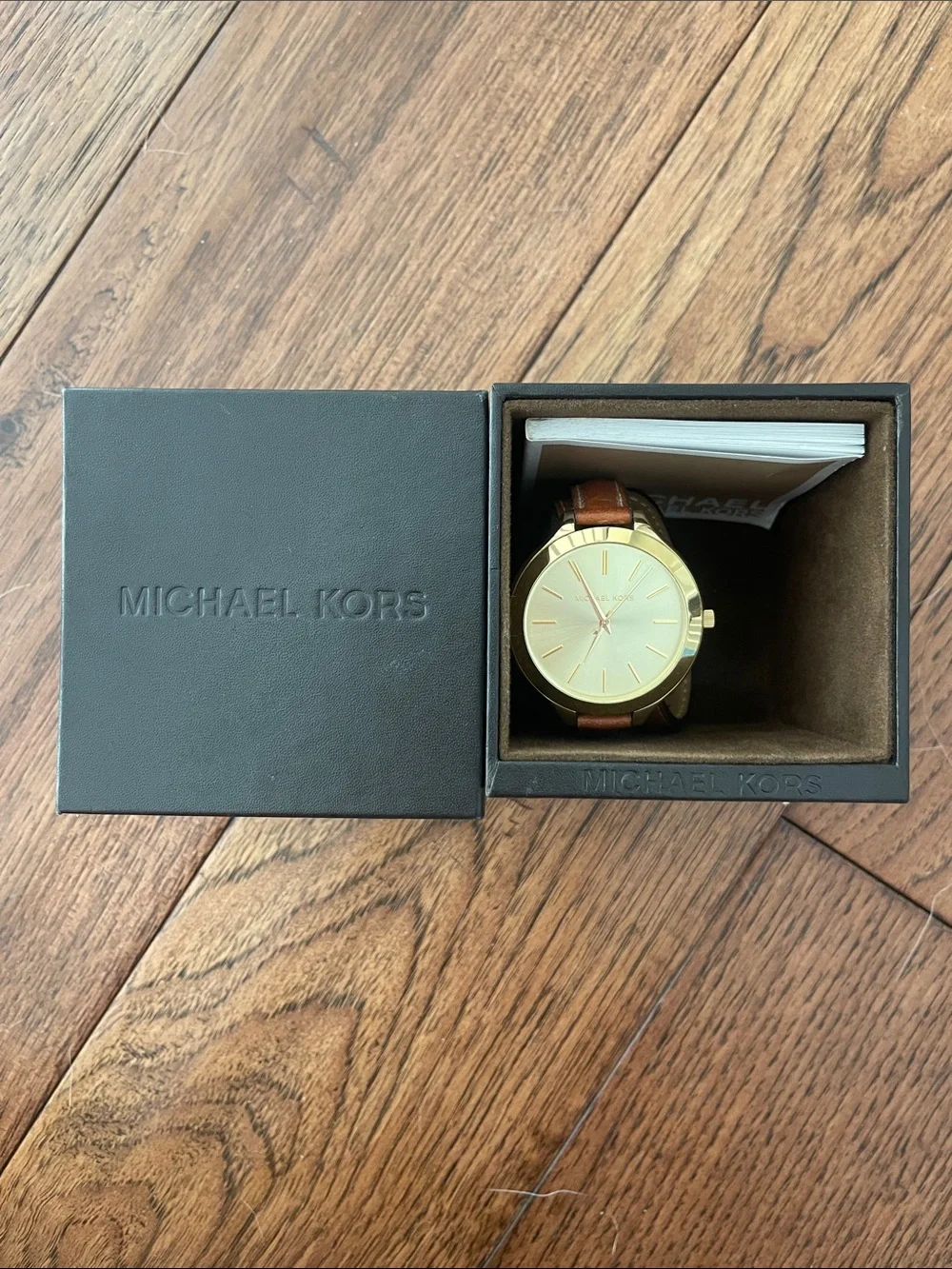 Michael Kors Gold and Cream Dial Watch with Brown Leather Strap